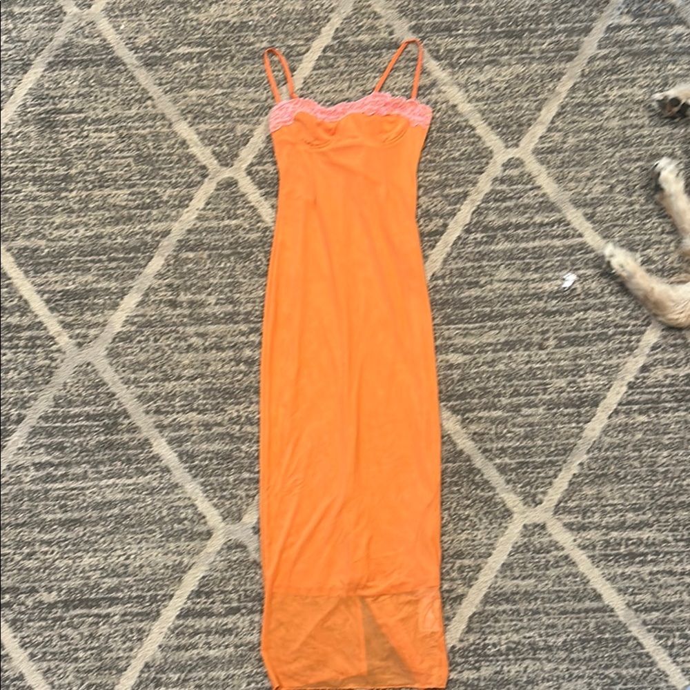 Orange Maxi Dress with Pink Lace Trim